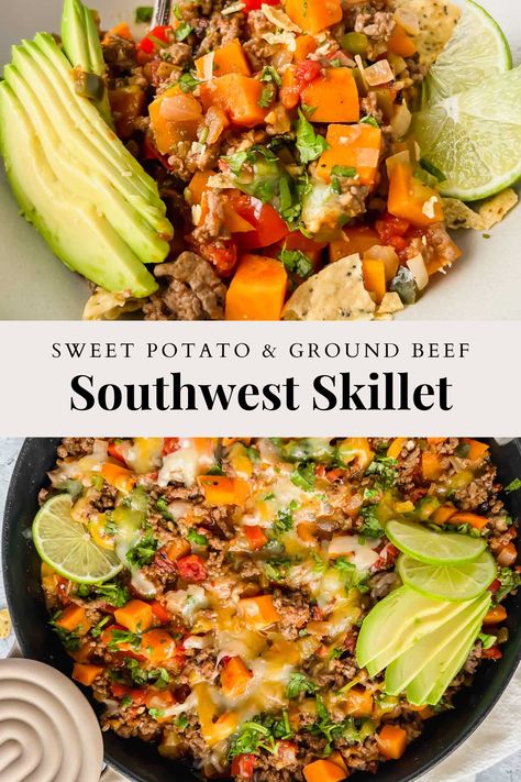 This Skillet Ground Beef and Sweet Potato recipe takes on Southwest flavors with a veggie and sweet potato base and includes perfectly seasoned lean ground beef. Southwest Ground Beef Sweet Potato Skillet, Southwestern Sweet Potato Skillet, Southwest Stuffed Sweet Potato, Southwest Ground Beef And Sweet Potato, Paleo Dinner With Ground Beef, Southwest Beef Skillet, Ground Beef Sweet Potato Recipes For Dinner, Sweet Potato Recipes Ground Beef, Recipes With Ground Beef And Sweet Potatoes