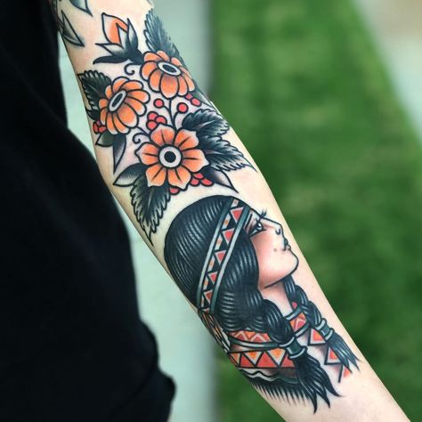 Native American Tattoo | Tattoo Ideas and Inspiration Native American Flowers Tattoo, Traditional Native Tattoo, Traditional Tattoo Native American, Native Flower Tattoo, Traditional Native American Tattoos, Native American Woman Tattoo, Western Ideas, Native American Tattoo, Native American Tattoos