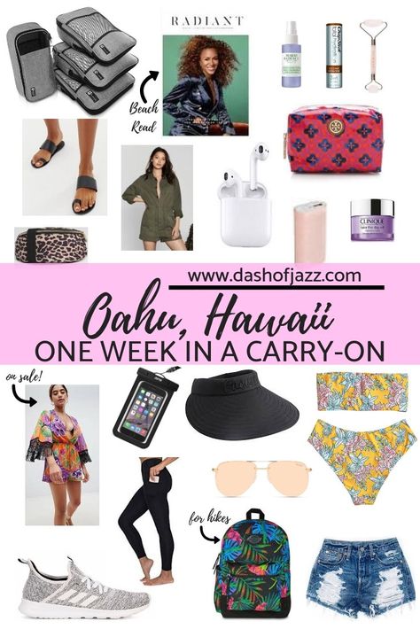 Travel to Hawaii with all you'll need for any of the things to do on Oahu in just a carry-on. Packing tips, packing list, and life-changing travel essentials for women from Dash of Jazz #dashofjazzblog #carryonbagessentials #carryonpacking #hawaiipackinglistoahu #hawaiioutfits Packing For Hawaii Carry On, Hawaii Carry On Packing, Pack For Hawaii Carry On, Hawaii Essentials Packing, Oahu Packing List, Hawaii Packing List For Women, Carryon Bag Essentials, Oahu Trip, Mexico Trips