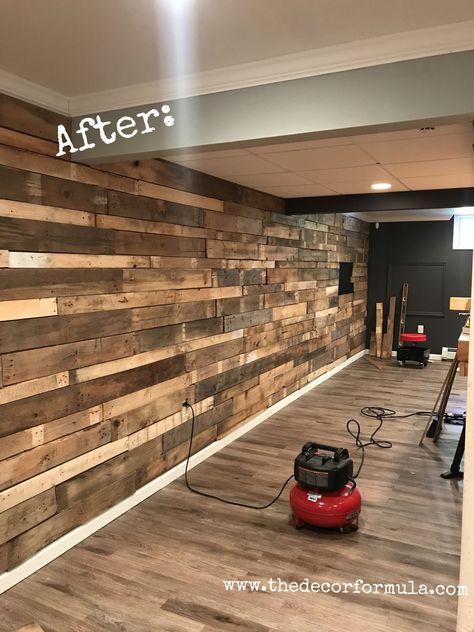 Pallet Basement Walls, Country Basement, Pallet Wall Ideas, Pallet Accent Wall, Garage Transformation, Pallet Wood Wall, Basement Redo, Diy Pallet Wall, Who What Where