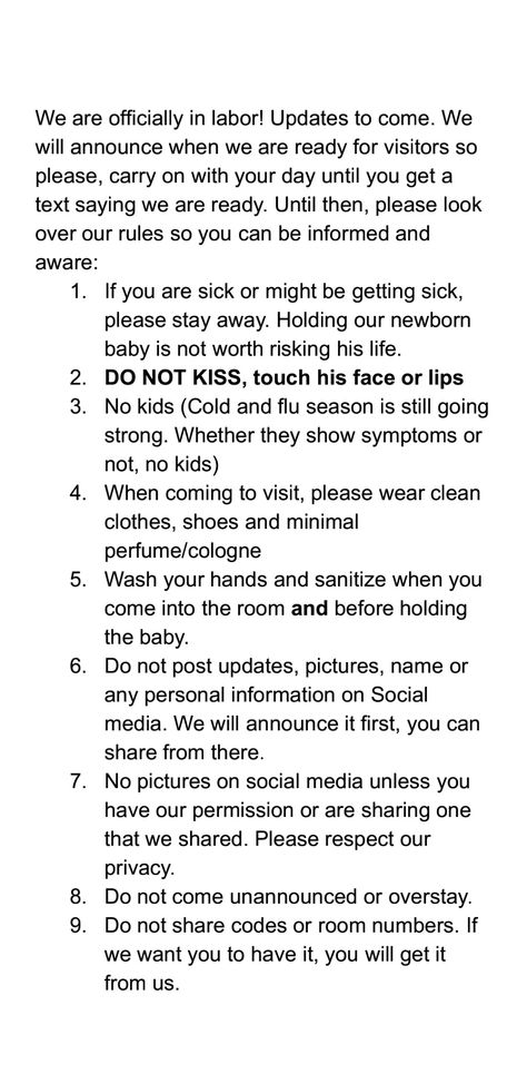 Hospital rules for visiting a newborn Hospital Birth Decoration, Visitation Rules For Newborn, Birthing Room Ideas Hospital, Labor Rules For Family, Visiting A Newborn Rules, First Hospital Outfit Infants, When Visiting A Newborn, Labor And Delivery Rules For Family, Rules For Hospital Visitors