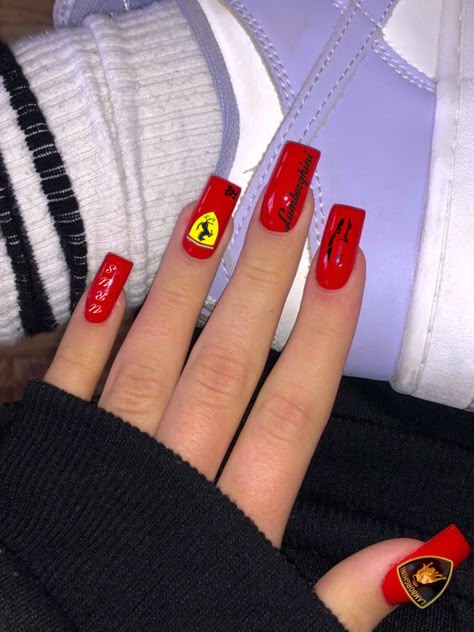 F1 Nails Designs Ferrari, Moto Nails, Formula 1 Nails, Ferrari Nails, Mercedes Nails, F1 Nails, Car Nails, Racing Nails, Monochrome Makeup Look