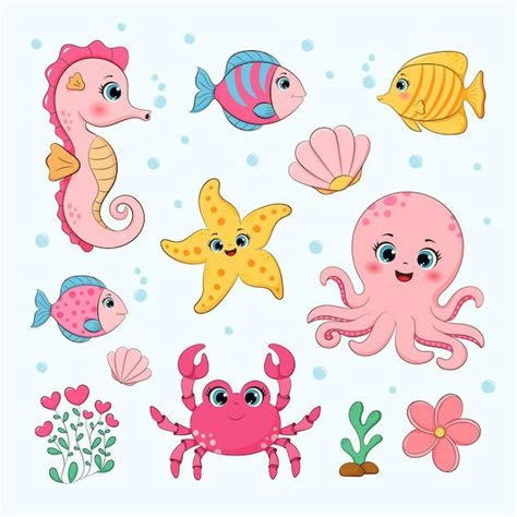 Cartoon Sea Animals, Ocean Collection, Baby Animal Drawings, Kids Fishing, Ocean Crafts, Pola Sulam, Cute Easy Drawings, Ocean Themes, Animal Clipart