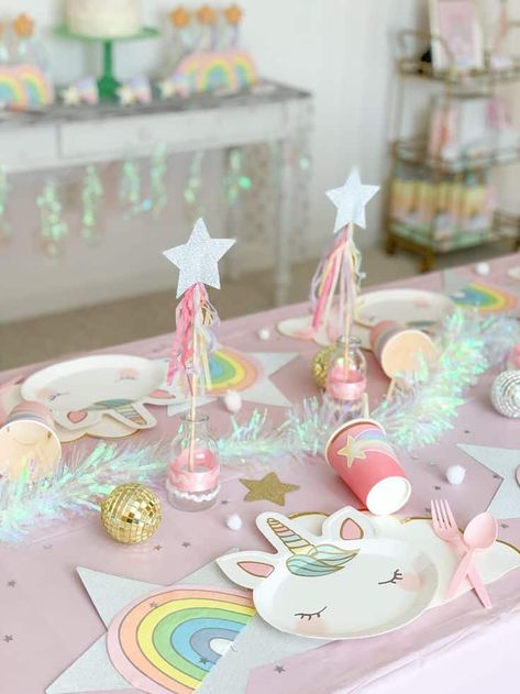 26 Magical Unicorn Birthday Party Ideas - Lady Celebrations Fourever Magical Birthday Party, Unicorn Three Year Old Party, Fourever Magical Unicorn Birthday, Unicorn 5th Birthday Party Ideas, Unicorn Birthday Centerpieces, Girls Unicorn Birthday Party, Magical Unicorn Birthday Party, Rainbow Centerpiece, Unicorn Birthday Party Ideas