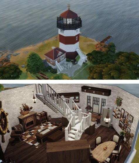 Sims 4 Lighthouse Build, Lighthouse Sims 4, Sims Lighthouse, Sims Blueprints, Sims Architecture, Sims4 Houses, Lotes The Sims 4, Seaside House, Sims 4 House Plans