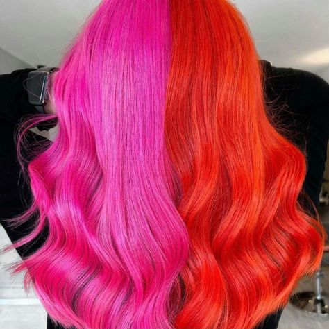 Directions Hair Colour’s Instagram profile post: “When you can't choose just one... do it split dye🤩 @douglasreidhair using Flamingo & Carnation Pink💖 Tangerine & Fluorescent Orange🧡…” Big Waves Hair, Directions Hair Colour, Red Pink Hair, Pink And Orange Hair, Half Dyed Hair, Half And Half Hair, Split Dye, Tie Dye Hair, Dark Purple Hair