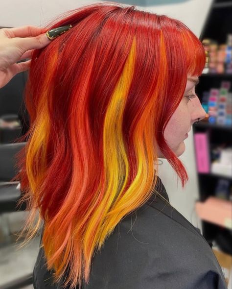 Red And Yellow Hair Color, Fire Hair Color Ideas, Yellow And Blonde Hair, Red Orange Yellow Hair, Red Yellow Hair, Red And Yellow Hair, Orange And Yellow Hair, Red And Orange Hair, Fire Ombre Hair