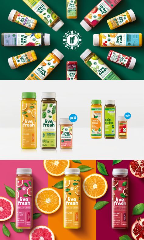 Creative Juice Packaging, Fresh Juice Packaging Design, Drinks Branding Design, Organic Drink Packaging, Healthy Drinks Packaging, Beverage Bottle Design, Fresh Packaging Design, Fruit Drink Packaging Design, Vitamin C Packaging Design