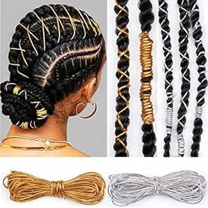 2 Pcs 5M Dreadlock Braids Hair Accessories, Hair Strings for Braids Silver Gold Braiding Hair Deco Styling Shimmer Stretchable African Braided Elastic Cord Ornament Hanging Decorating Gift Wrapping Large Beads For Hair, Hair Pieces For Braiding, Braids Hair Styling Tools, Dutch Braid Halo, Hair Jewelry For Braids Black Kids, Deadlock Accessories, Braiding Hair Numbers, Starburst Braid, Braids Hair Accessories