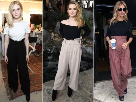 How to wear paperbag-waist pants inspired by Elle Fanning, Sienna Miller and other celebrities Wool Tights, Slouchy Pants, Zoey Deutch, Paperbag Pants, Sienna Miller, Colored Pants, Winter Outfits For Work, Elle Fanning, Going Out Outfits