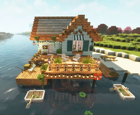 Minecraft Beach Village Ideas, Coastal House Minecraft, Minecraft Waterside House, Strawberry Miguel O Hara, Minecraft Summer House, Minecraft Beach Hut, Minecraft Beach House Ideas, Minecraft Fishing Hut, Minecraft Water House