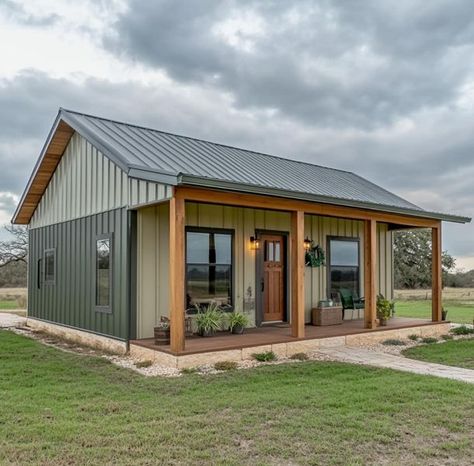 20x30 Barndominium, Modern Trailer Home, Tiny Barndominium Ideas, Mini Barn House, Green Barndominium Exterior, Small Barndominium Ideas Exterior, Simple Pole Barn Homes, Shed To Tiny House Interior, Mini Barndominium