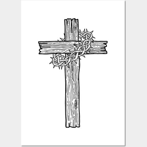 A wooden cross with a crown of thorns. A symbol of the crucifixion and resurrection of the Lord Jesus Christ. -- Choose from our vast selection of art prints and posters to match with your desired size to make the perfect print or poster. Pick your favorite: Movies, TV Shows, Art, and so much more! Available in mini, small, medium, large, and extra-large depending on the design. For men, women, and children. Perfect for decoration. Christian Men Tattoos, Cross With Thorns, Cross Tattoo Stencil, Christian Embroidery Designs, Wooden Cross Tattoos, Christian Tattoos Men, Paisley Drawing, Thorn Tattoo, Cross Drawing