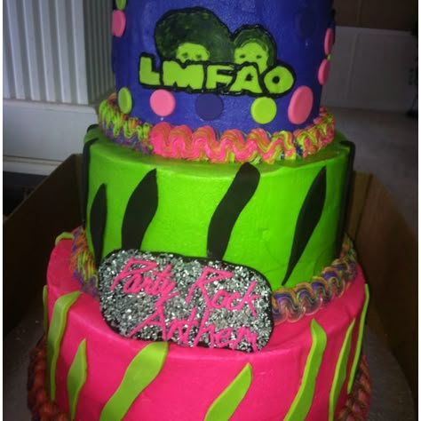 LMFAO Party Rock Anthem cake. This is Leila's "theme" for her birthday party this year. Dress funky! :) Myspace Theme Party, 2010s Birthday Party, 2010 Birthday Party Theme, 2010 Theme Party, 2010s Party Aesthetic, Bling Party Theme, 2010 Party Aesthetic, Lmfao Party Rock, Scene Birthday Party