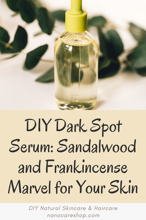 Introducing our game-changing DIY Dark Spot Serum: a miraculous blend of Sandalwood and Frankincense that will work wonders for your skin! If you've been struggling to find an effective solution to soothe and treat those stubborn dark spots, look no further. We've got you covered with a formulation suitable for all skin types, except for sensitive skin, where we offer gentle alternatives. Essential Oil Dark Spot Remover For Face, Essential Oils For Dark Spots On Skin, Essential Oil For Dark Spots On Face, Diy Facial Serum Recipes, Diy Dark Spot Remover For Face, Diy Dark Spot Remover, Age Spots Essential Oils, Facial Serum Diy, Serum For Dark Spots