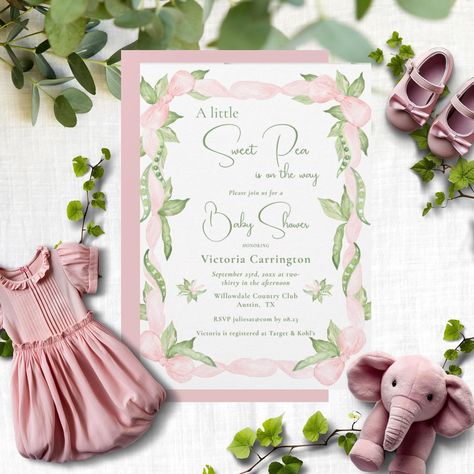 A Sweet Pea is on the Way Pink Baby Girl Baby Shower Invitation. Pastel pink ribbon & bow frame entwined with watercolor sweet peas creating a precious baby girl shower invitation. Coordinating green delicate fonts finish off this adorable invite. #babyshower #babyshowerinvitation #pink #sweetpea #babygirl #baby #girl #invitation #pastelpink #pastel #watercolors #green #pinkandgreen #digitaldownload #instantdownloadinvitation #downloadableinvitation #digital #zazzlemade #zazzle #zazzlestor... Green Baby Shower Invitations, Green Baby Shower, Pink Baby Girl, Sweet Peas, Baby Shower Invites For Girl, Baby Shower Theme, Girl Shower, Pink Baby