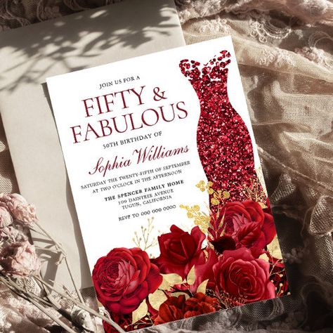 $4.55 | Sparkle Red Dress Roses Gold Leaf 50th Birthday #dress, flowers, red, roses, gown, red dress, 50th birthday, fifty and fabulous, 50th birthday party, gold Sparkle Red Dress, 50th Birthday Party For Women, 50th Birthday Themes, 50th Birthday Invitation, 50th Birthday Party Invitations, 55th Birthday, 50th Birthday Invitations, Flowers Red, Gold Birthday