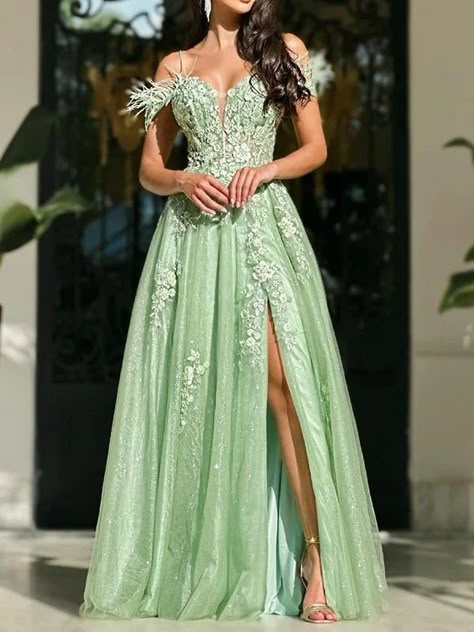 Western Hoco, Light Green Dresses, Feather Prom Dress, Corset Dress Prom, Formal Evening Dress, A Line Prom Dresses, فستان سهرة, Dress Dusty, Prom Formal