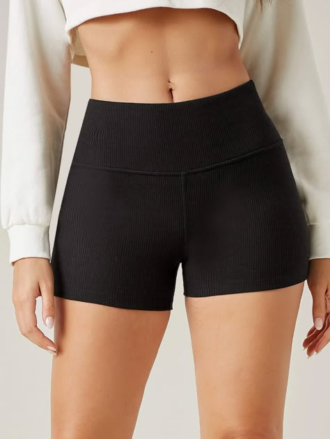 Wide Waistband Rib-knit Biker Shorts | SHEIN USA Fame Clothes, Shein Basics, Biker Shorts Outfit, Black Biker Shorts, Legging Outfits, Shorts Outfit, Cycling Shorts, Short Leggings, Bottom Clothes