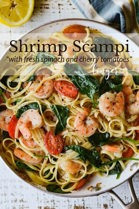 This easy and quick Shrimp Scampi Pasta with Spinach and Cherry Tomatoes is a fresh, bright and healthy pasta recipe. Buttery sauce, garlic, lemon and wine bring a rich flavor to this summertime dish. #shrimpscampi #pasta #seafoodrecipes #healthyrecipes #shrimprecipes #seafood #fishdishes #fish #summertimerecipe Shrimp And Spinach Linguine, Shrimp Tomato Spinach Pasta In Garlic Butter Sauce, Garlic Olive Oil Seafood Pasta, Maggianos Shrimp Scampi Recipe, Shrimp Scampi Pasta With Spinach, Shrimp Cherry Tomato Recipes, Vegetarian Scampi Pasta, Shrimp Scampi With Spinach, Shrimp Scampi With Vegetables