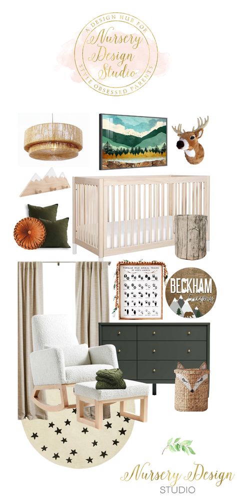 WILDERNESS NURSERY INSPIRATION Olive Green Nursery, Green Baby Nursery, Wilderness Nursery, Camping Nursery, Nursery Design Board, Baby Blue Nursery, Shared Nursery, Blush Nursery, Nursery Designs