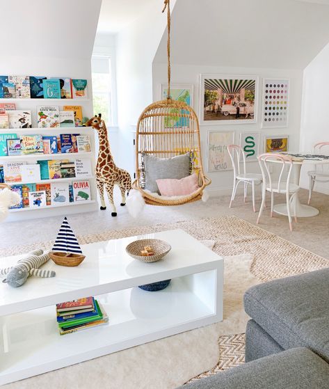 Our playroom makeover with Serena & Lily - hanging chairs, and a lot of blues, whites, and rattan! Bonus Room Playroom, Hanging Rattan Chair, Chrissy Marie, Ideas Habitaciones, Finished Attic, Baby Playroom, Attic Playroom, Hanging Chairs, Basement Playroom