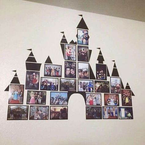 Awesome way to display your Disney Vacation Photos Disney Castle Photo Wall, Photo Memory Wall Display Ideas, Memory Photo Wall, Disney Photo Wall Display, Disney Castle Decorations, Disney Photo Wall, Disneyland Decor, Casa Disney, Disney House