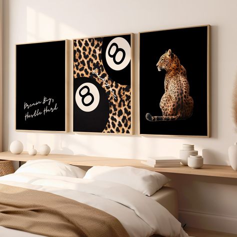 Elevate your space with bold, modern vibes through this unique wall art set! 🖤✨ Featuring a sleek black and leopard print theme, this 3-piece collection brings a chic edge to any room. With motivational typography, a striking leopard illustration, and trendy 8-ball accents, this set is perfect for those who dream big and hustle hard! Perfect for a bedroom or office setup to add a stylish and inspiring touch. #ModernWallArt #LeopardPrintDecor #ChicHomeDecor #BedroomWallArt #MinimalistDecor #Bo... Cheetah Print Rooms, Y2k Home Decor, Lucky Poster, Leopard Room, Magazine Decor, Girly Prints, Art Decor Living Room, Leopard Wall Art, Leopard Wall