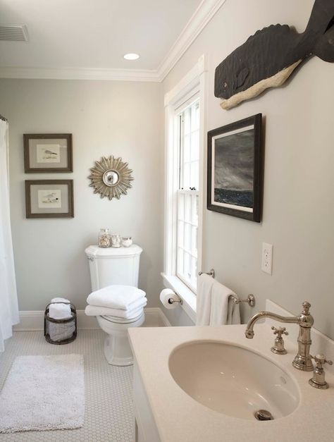 Beach Glass Interior Designs - bathrooms - Benjamin Moore - Edgecomb Gray - brushed nickel fixtures Benjamin Moore Edgecomb Gray, Edgecomb Gray, Benjamin Moore Gray, Greige Paint Colors, Greige Paint, Bathroom Paint, Modern Ideas, Bathroom Modern, Bathroom Paint Colors