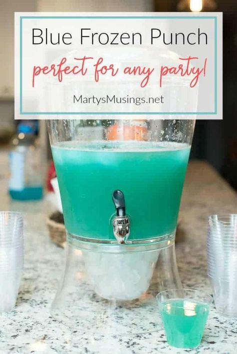 This simple recipe for blue frozen punch is a hit whether you’re throwing a Frozen party for your kids, celebrating a birthday, wedding or baby shower. #martysmusings #punchrecipe #disneyparty #frozenparty #partydrink #birthdayparty #bluepartypunch #nonalcoholic Punch Ideas Nonalcoholic, Frozen Punch Recipe, Food Appetizers Party, Party Drinks For Kids, Punch Nonalcoholic, Frozen Punch, Blue Party Punches, Hawaiian Punch Recipes, Glo Party