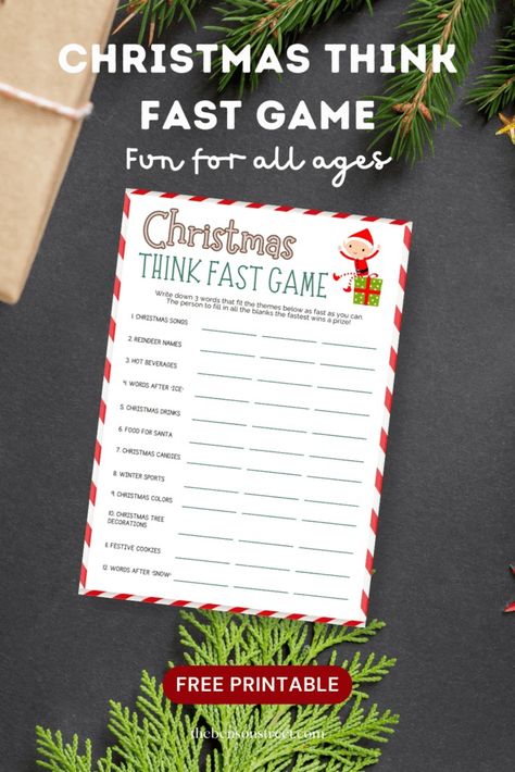 Printable Christmas Think Fast Game: A Free Holiday Game - The Benson Street A fun abd quick game to play at Christmas parties abd holiday gatherings. Think Fast Christmas Game Free Printable, Christmas Kisses Game, Spin The Christmas Bow Game, Christmas Movie Games Free Printable, Christmas Meeting Ideas, Think Fast Christmas Game, Free Christmas Games For Kids, Free Printable Christmas Games Families, Christmas Fun Games For Adults