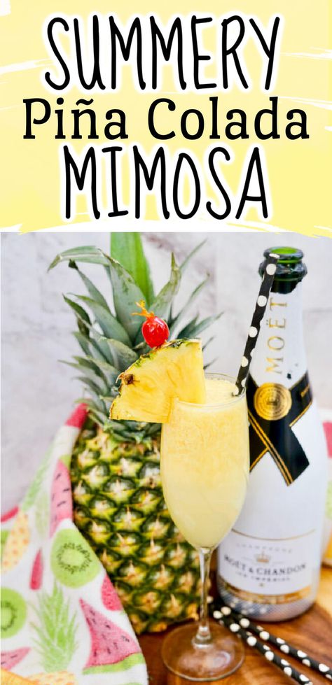 This Piña Colada Mimosa is a fantastically bubbly take on the classic tropical cocktail. A Champagne Piña colada is the perfect party drink for summer. Summer mimosa, Pina colada mimosa Pina Colada Mimosa, Champagne Summer Drinks, Tropical Mimosa Bar, Summer Mimosa Recipe, Mimosa Board, Mimosa Flavors, Fall Mimosa Recipe, Coconut Mimosa, Mimosa Bar Recipe