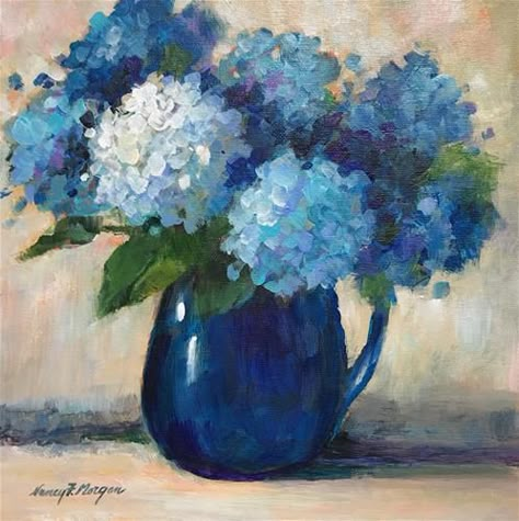 Painted Blue Hydrangeas, Hydrangea Pastel Art, Painting Hydrangeas Acrylic, Hydrangea Art Acrylic, Painting Of Hydrangeas, Acrylic Hydrangea Paintings, Blue Flower Painting Acrylic, Hydrangea Painting Easy, Hydrangea Painting Acrylic