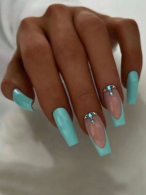 Coffin Nails Designs Summer 2024, Simple Rhinestone Nails Designs, Summer Nails 2024 Color Trends, Summer Nails 2024 Blue, Simple Rhinestone Nails, Summer Nail Designs 2024 Square, Rhinestone Nails Designs, Summer Nails 2024 French Tip Blue, Summer Nail 2024 Trends Square