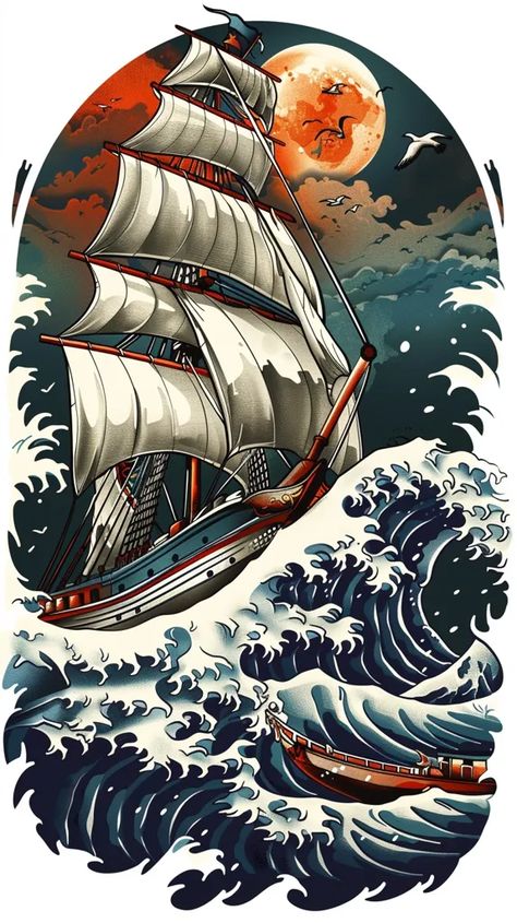 Midjourney AI Image: American traditional tattoo drawing of a clipper ship, incorporating the great wave off Kanagawa --a... → more in ai-img-gen.com Traditional Ship Tattoo, Illustration Design Poster, Traditional Tattoo Drawings, Ocean Sailing, Clipper Ship, Large Waves, Ocean Tattoos, Old School Tattoo Designs, Ship Tattoo