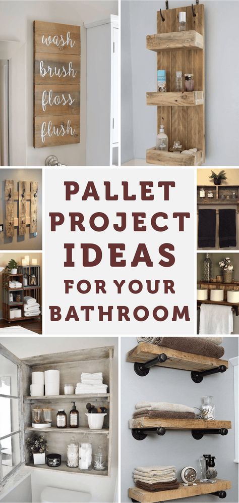 Decorating a bathroom is endless. There are many ways to decorate a bathroom. However, it doesn’t mean you have to spend much budget. With inexpensive materials, you can make your budget looks inviting, comfortable, and aesthetic. In this case, you can use wooden pallets. This material can be used for any purpose. Therefore, you can utilize wooden pallets to complete your bathroom decorations. Moreover, pallet material is suitable for those of you who want to create a rustic vibe into your ... Pallet Wall Bathroom, Pallet Bathroom Shelf, Pallet Vanity, Diy Pallet Vanity, Pallet Shelves Diy, Diy Floating Shelf, Decorating A Bathroom, Wooden Bathroom Shelves, Decorate A Bathroom