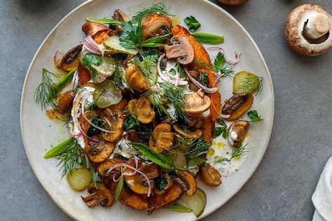 Loaded Sweet potatoes with Shawarma Spiced Mushrooms, herbed yoghurt & Pickles | Australian Mushrooms Australian Mushrooms, Mediterranean Sweet Potatoes, Loaded Sweet Potatoes, Sweet Potato Oven, Shawarma Spices, Vegetarian Main Course, Loaded Sweet Potato, Red Onion Relish, Onion Relish