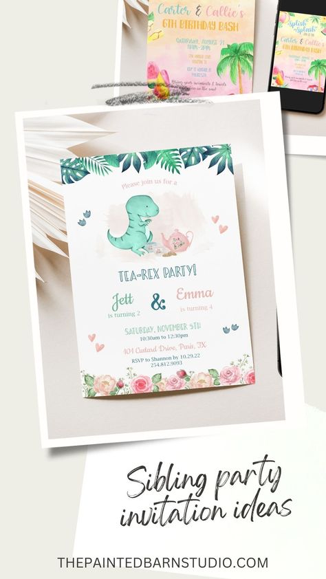 Party invitations and birthday themes fit for joint birthday parties! Throw a Tea-Rex Party for dinosaur and tea party lovers, a splish splash party for water lovers, or create a custom invitation. #thepaintedbarnstudio #custompartyinvitations #siblingbirthdayparty #twinsbirthday #partythemeideas #tearexparty #splishsplashbirthdaybash #piratesandmermaids #icecreambirthday Splish Splash Birthday Party, Twin Birthday Party, Splish Splash Party, Shared Birthday Parties, Pirate Birthday Party Invitations, Sibling Birthday Parties, Combined Birthday Parties, Tea Rex, Splash Party