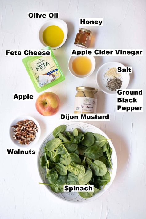 Spinach salad with apples, walnuts and feta ingredients. Spinach Salad With Apples And Feta, Apple Feta Spinach Salad, Spinach And Apple Salad, Cooked Spinach Salad, Spinach And Feta Salad, Apple Feta Walnut Salad, Spinach Apple Salad Recipes, Basic Side Salad, Baby Spinach Salad Recipes