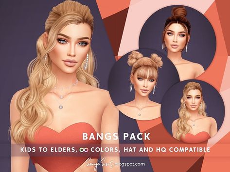 SONYASIMS - BANGS PACK - KIDS VERSION - The Sims 4 Create a Sim - CurseForge Sims 4 Sonyasims, Sonyasims Hair, Medieval Hair, Curled Ponytail, Medieval Hairstyles, Wavy Ponytail, Pelo Sims, Tumblr Sims 4, Hair Pack