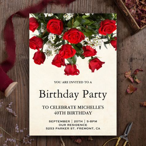 Romantic Red Roses Bouquet Birthday Party for $3.08 - Birthday Invitations Red Rose Themed Birthday Party Decorations, Red Rose Themed Birthday Party, Red Rose Birthday Theme, Roses Birthday Party Ideas, Rose Theme Party, Rose Themed Birthday Party, Roses Bouquet Birthday, Red Rose Invitation, Beautiful Roses Bouquet