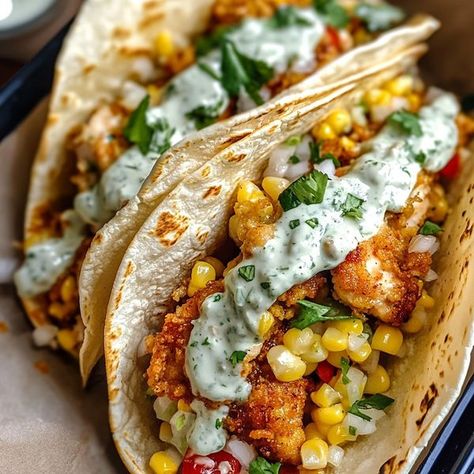 Fried Chicken Street Corn Tacos, Chicken Tender Marinade, Chicken Street Corn, Street Corn Tacos, Fried Chicken Tacos, Fried Chicken Taco, Banana Nutella Muffins, Corn Tacos, Corn Taco