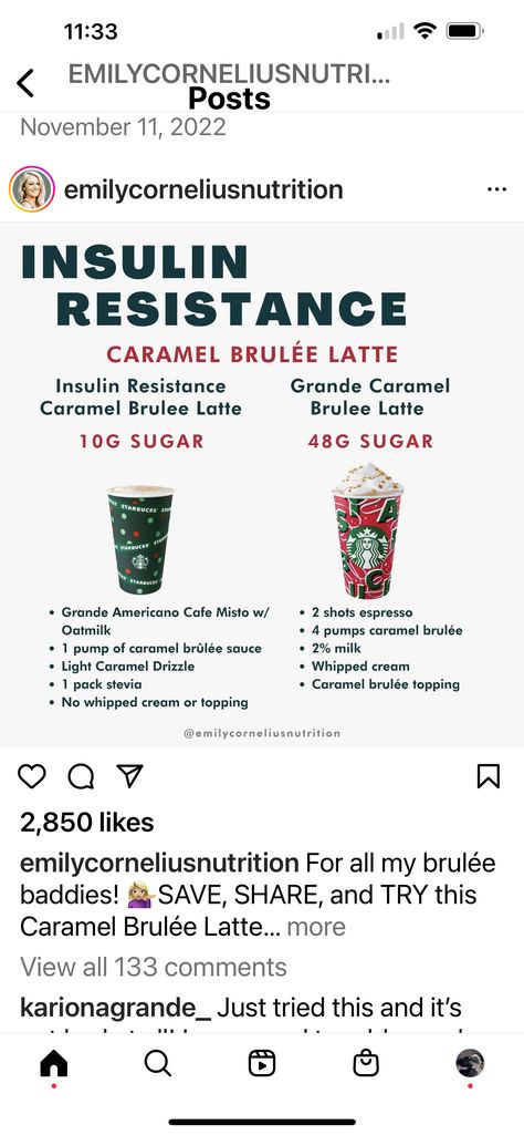 Insulin Resistance Coffee, Insulin Resistant Starbucks Drinks, Starbucks Insulin Resistance, Insulin Resistance Starbucks Drinks, Starbucks Swaps, Caramel Brulee Latte, Insulin Resistant, Moon Milk, Healthy Starbucks Drinks