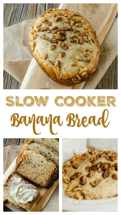 Slow Cooker Banana Bread via @janaseitzer Slow Cooker Banana Recipes, Banana Bread In Crockpot, Crockpot Banana Recipes, Crockpot Banana Bread Easy, Crock Pot Banana Bread, Crockpot Banana Bread, Curry Ideas, Slow Cooker Banana Bread, Crockpot Dessert