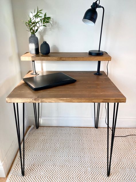 Reclaimed scaffold board desk with steel hairpin legs and monitor stand- home office/study Desk With Hairpin Legs Diy, Scaffold Board Desk, Setup Accessories, Hairpin Leg Desk, Desk With Shelf, Diy Standing Desk, Diy Office Desk, Wood Office Desk, Reclaimed Wood Desk