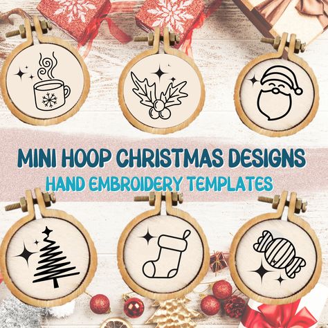 Mini Embroidery Designs, Small Christmas Embroidery Patterns, Hoop Christmas Decorations, Little Embroidery Ideas, Christmas Hand Embroidery Patterns, Mini Embroidery Patterns, Mini Embroidery Hoop Christmas Ornaments, Mini Hoop Embroidery, Small Embroidery Hoop Christmas Ornaments