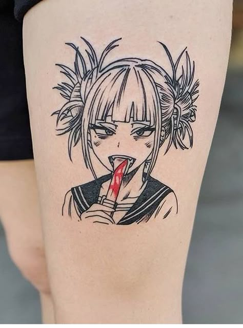 Toga Himiko Tattoo Ideas, Anime Style Tattoos, Thighs Tattoo, Anime Tattoo Ideas, Taboo Tattoo, Manga Tattoo, Inspiration Tattoos, Creepy Tattoos, Geniale Tattoos