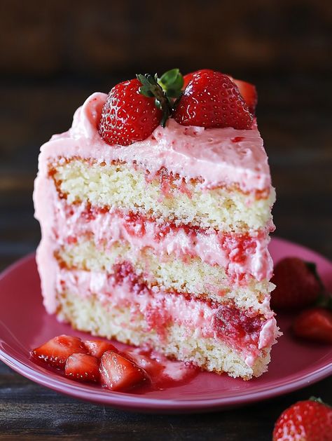 Fall recipes for Strawberry Cake Ever  𝗜𝗻𝗴𝗿𝗲𝗱𝗶𝗲𝗻𝘁𝘀 🍓  1 box white cake mix (18.25 ounces) 4 large eggs 1 box strawberry-flavored instant gelatin (3 ounces) 1 package frozen strawberries in syrup, thawed and pureed (15 ounces) 1/4 cup water 1/2 cup vegetable oil For the frosting: 7 cups confectioners’ sugar 1 package cream cheese (8 ounces), softened 1/4 cup softened butter 1 package frozen strawberries in syrup, thawed and pureed (10 ounces) 1/2 teaspoon strawberry extract Vintage Strawberry Cake, Steak With Garlic Butter, Easy Thanksgiving Dessert Recipes, Cheesy Baked Chicken, Strawberry Extract, Best Cake Ever, Sweet Onions, Thanksgiving Desserts Easy, Strawberry Shortcake Recipes