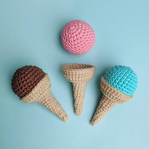 Crochet Ice Cream Cone, Play Ice Cream, Miniature Ice Cream, Mini Ice Cream Cones, Mini Ice Cream, Ice Cream Set, Handmade Stuffed Toys, Food Patterns, Ice Cream Cones