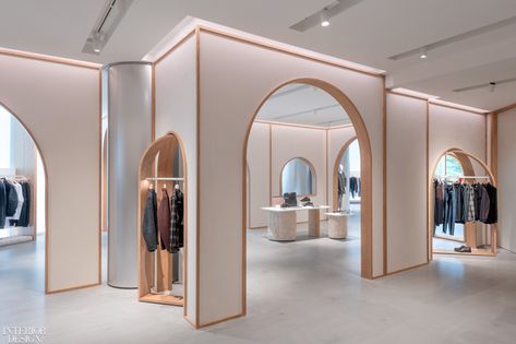 The arch walls are a Travertino plaster surface trimmed in oak. Desain Pantry, Shanghai Fashion, Interior Vintage, Store Interiors, 3d Studio, Boutique Interior, Retail Interior, Store Design Interior, Store Interior